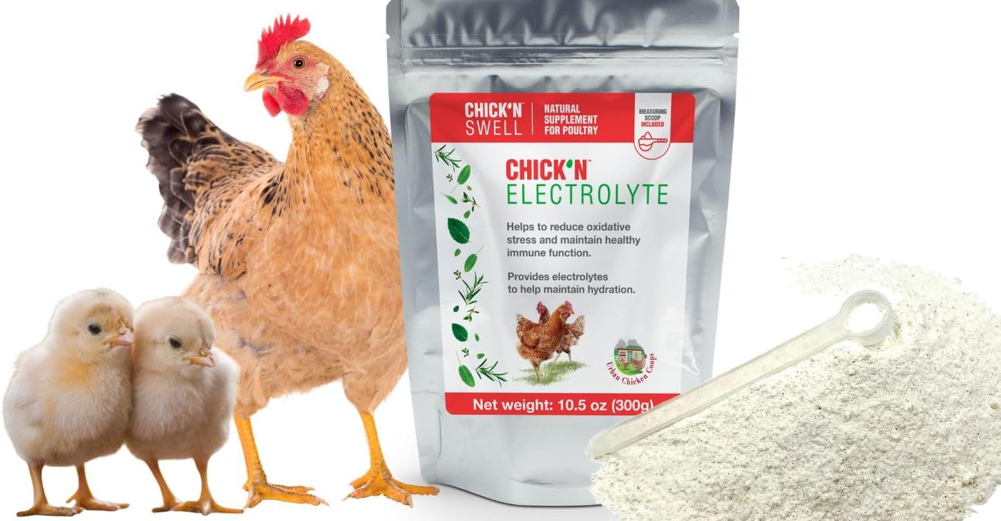 Chicken Electrolytes for Heat Stress & Dehydration – Poultry Electrolyte & Vitamin Supplement for Laying Hens and Chicks – Supports Hydration & Recovery – 10.5 oz, from Chick’N Swell.