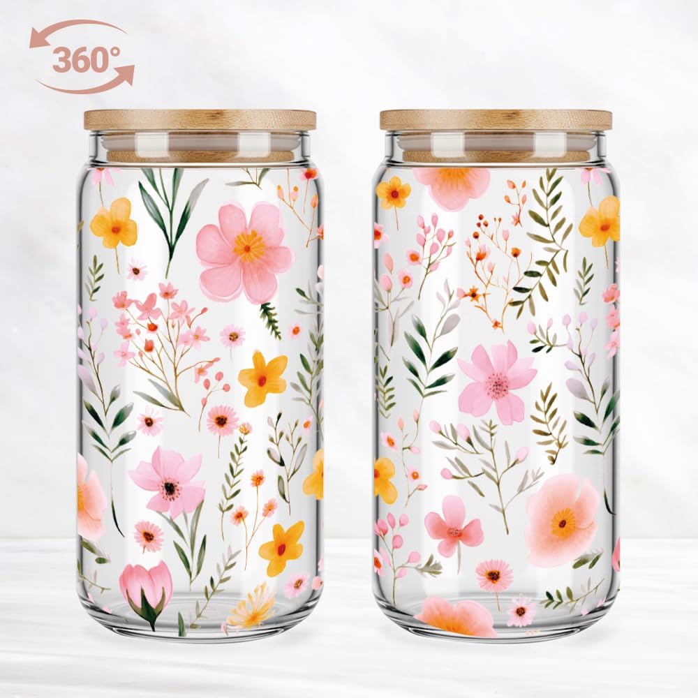 Wildflower Glass Coffee Cups with Lids and Straws Gifts for Women,Frriend,Sister,16oz Cute Wildflower Iced Coffee Drinking Glass Gifts for Birthday Christmas Bridesmaid Party Bridal Shower - Image 3