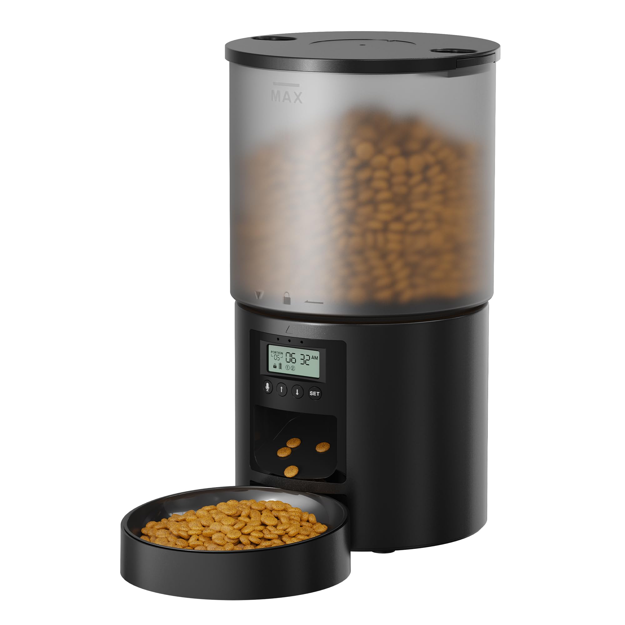 Comedero Gato Automatico: Dispensador Comida para Perro/Gato con Temporizador Programable - 1-6 Comidas al Día - Comedero con Presione la Tapa y FuncióN de Grabación 10s - 6 L Negro