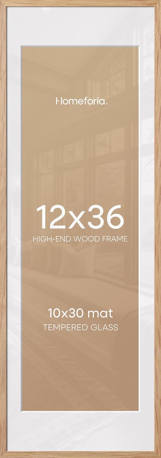 Homeforia 12x36 Wood Frame, High End Natural Oak 12x36 Light Wooden Picture Frame with Mat 10x30, 12 x 36 Poster Frames Matted to 10 by 30 Art, 36x12 Hanging Frames, Tempered Glass, Wall Kit, Set of 1