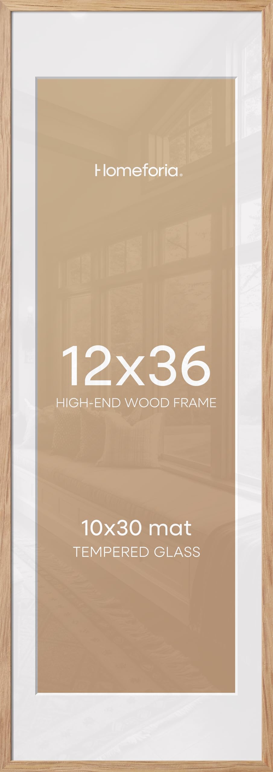 Homeforia 12x36 Natural Oak Picture Frame, High-End Wood, 10x30 Mat, Glass | High End Solid Oak Wood, Tempered Glass, Acid-Free 10x30 Removable Mat, 12x36 Edge-to-Edge Display 36x12, Wall Kit, Set Of 1