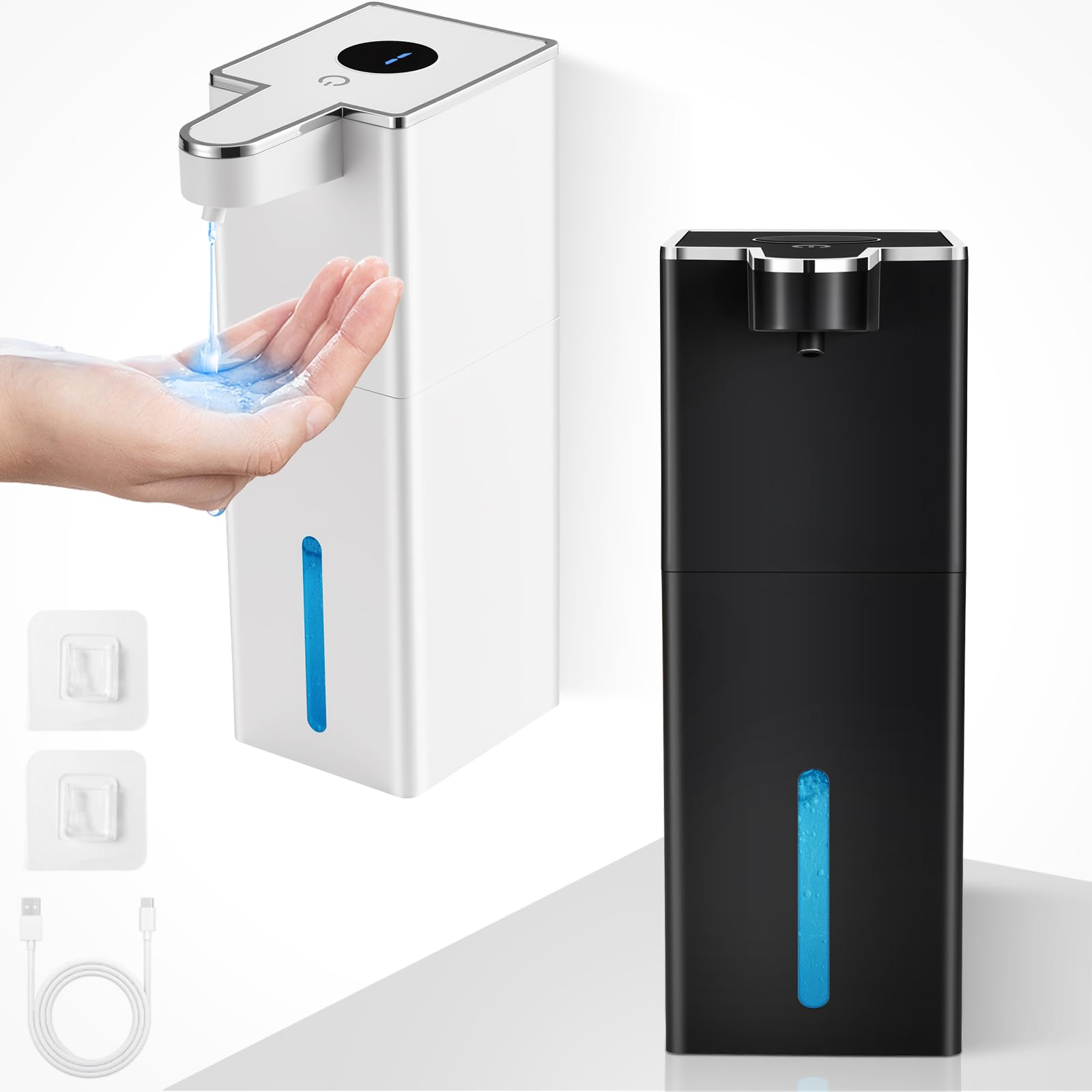 2 Pack Automatic Liquid Soap Dispenser, 440ml Wall Mount Touchless 4 Gear Adjustable Hand soap Dispenser, USB Rechargeable 1800 mAh with Infrared Motion Sensor for Kitchen and Bathroom (White+Black) - 1