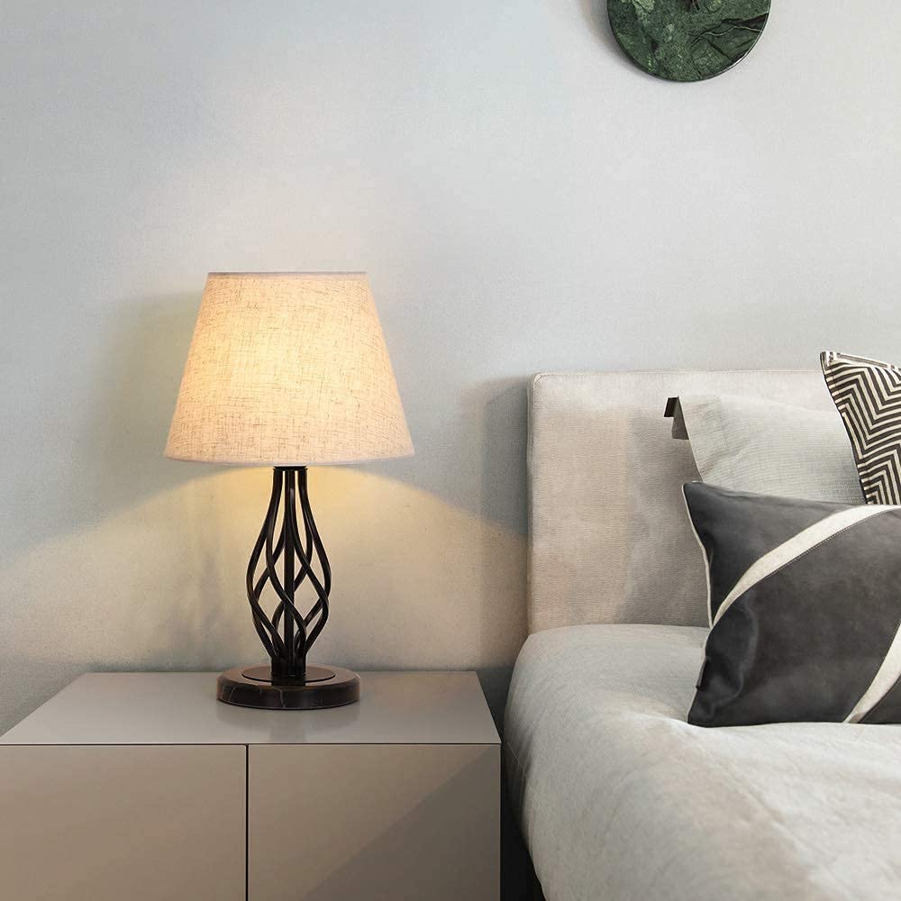LIANTRAL Set di 2 lampade da comodino, moderna lampada da tavolo con base in marmo e paralume in lino, nero