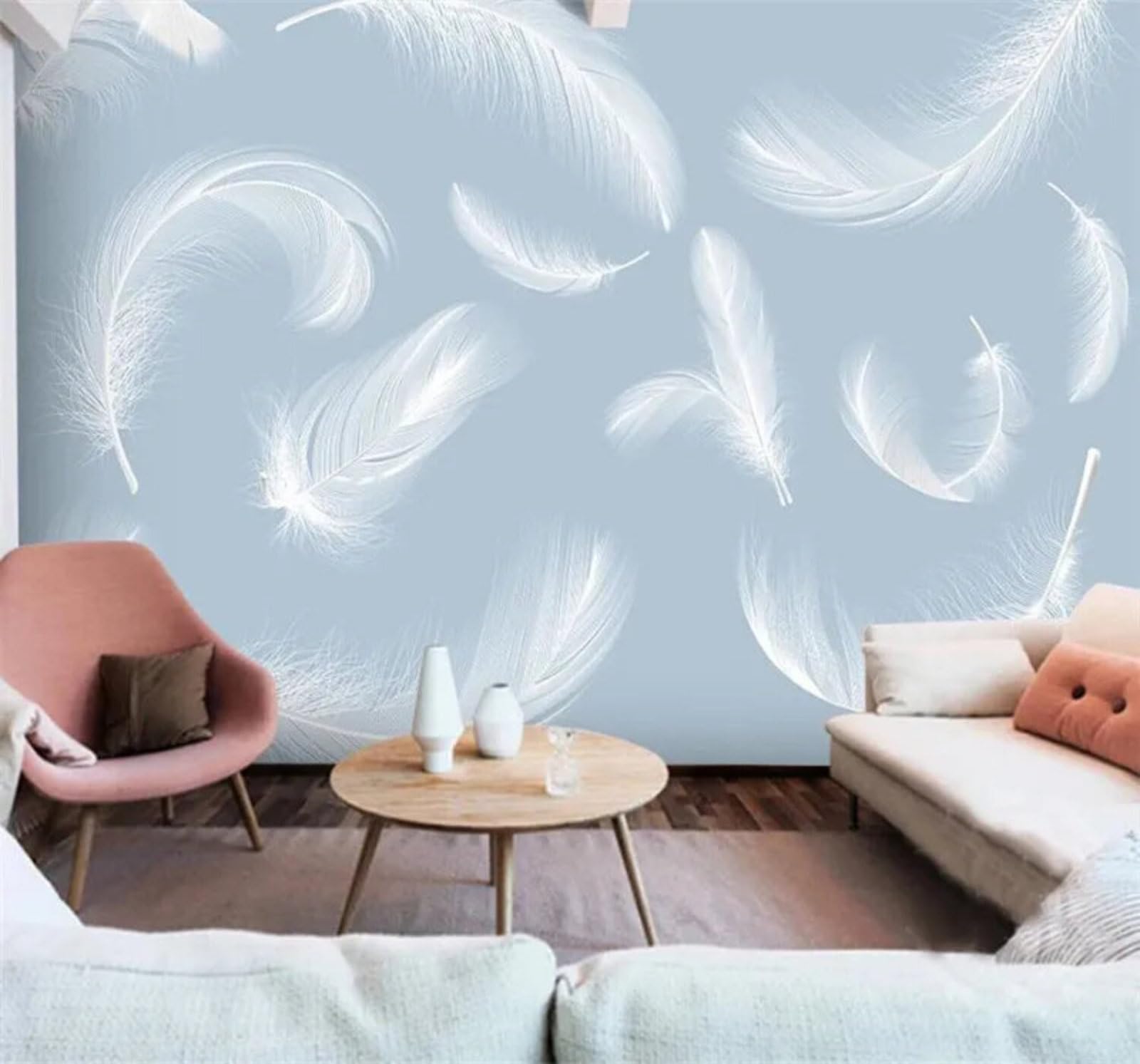Tzxztt 350Cm×256Cm(B×H) Fresh Hand Drawn Watercolour White Feathers Modern 3D Wallpaper Premium Textured Silk Neutral Tones Material Ideal For Living Room Bedroom-350Cm×256Cm