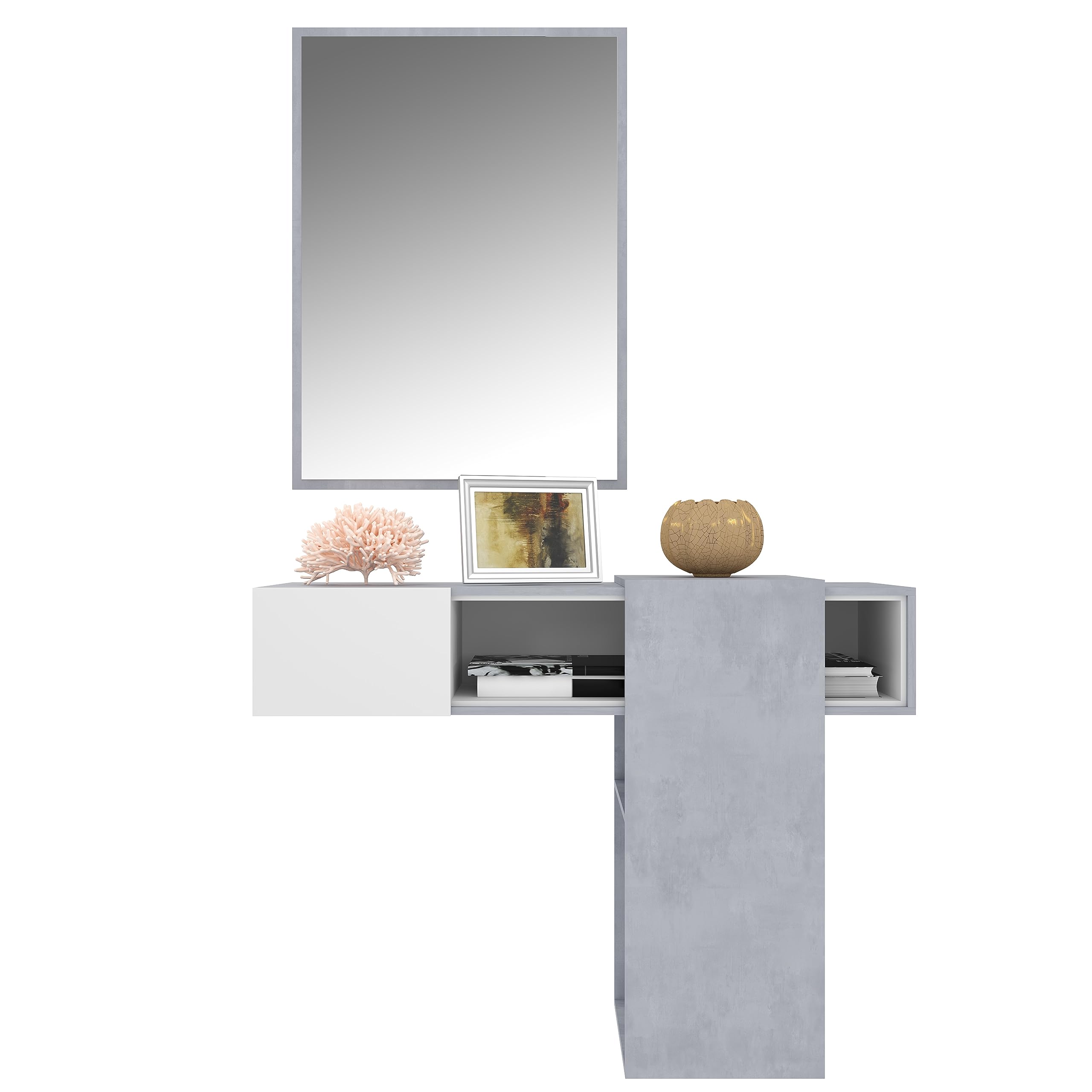 BRICOZONE Mobile Sospeso Scorrevole Da Ingresso Con Specchio Moderno Contemporaneo Salvaspazio Innovativo Funzionale Pensili Pannelli Legno Rettangolare Parete 100 x 31.5 x 75 cm Bianco Grigio Cemento