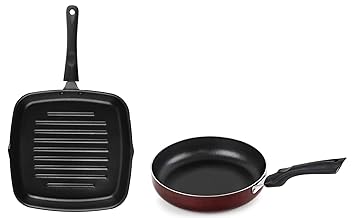 Cello Aluminium Non Stick Grill Pan Square Black- Gas Stove Compatible Only, Maroon & Cello Non Stick Induction Base Frying Pan/Tapper Pan, 220 mm, Cherry,Aluminium
