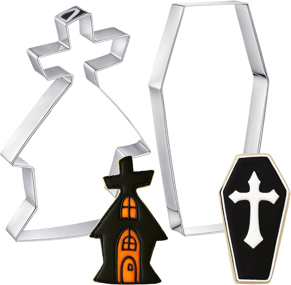 Teenyyou 2 Pcs Extra Large 8" Halloween Cookie Cutters Including Giant Coffin and Gravestone Shaped Stainless Steel Mold Cutters for Halloween Holiday Baking
