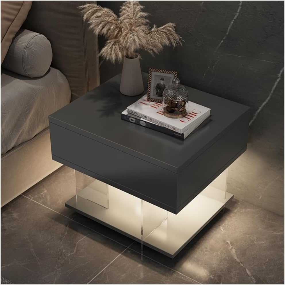 Nightstand Bedside Table, Sensor LED Nightstand, Door Cabinet, Nordic Style Rack, Sofa Side Table, Open Storage Modern End, Easy to Assemble, Suitable for BedroomGrey,60*60*60CM