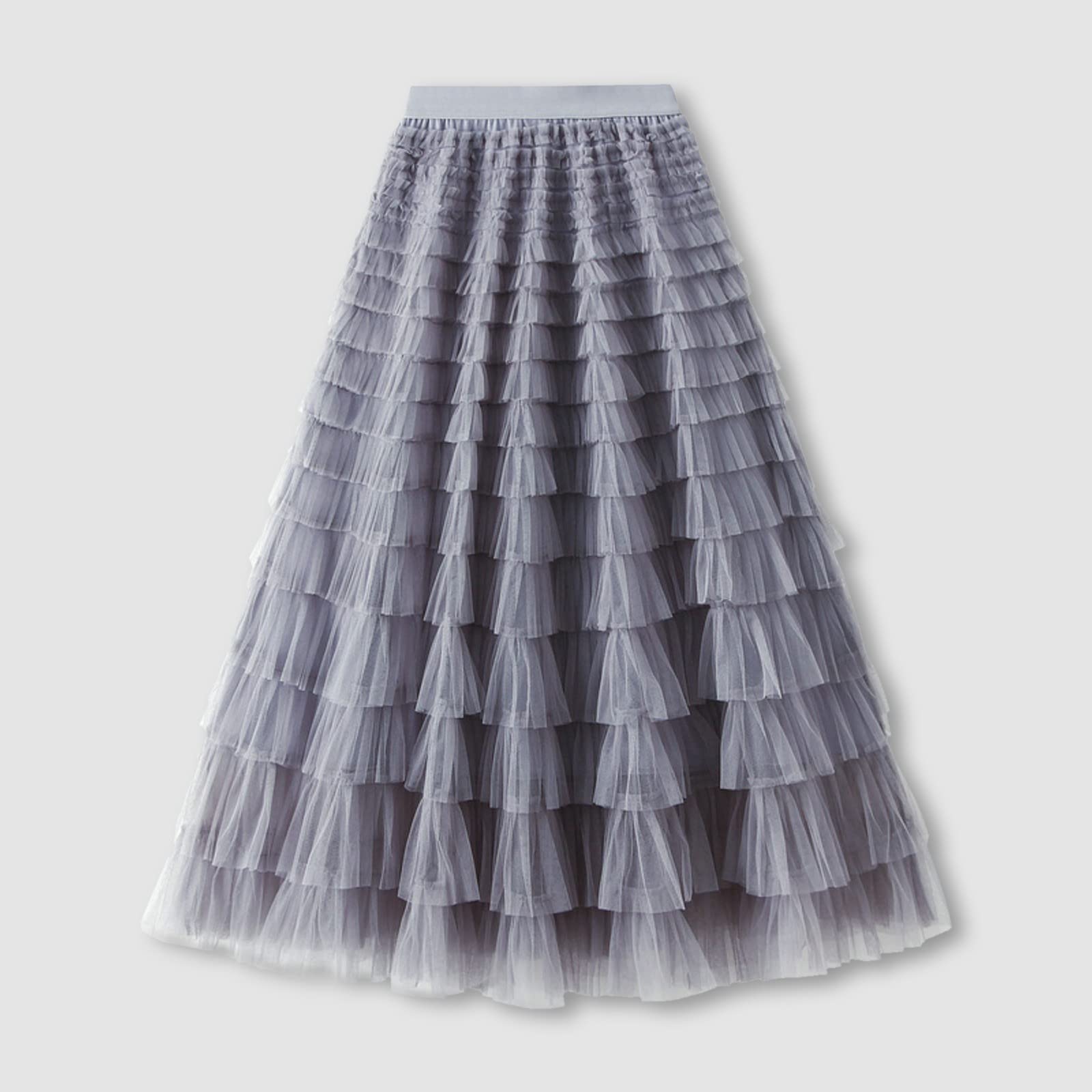 A-Line, Gonna a Pieghe, Gonna Lunga Tutu, Increspature Mesh, Vintage, Lunghezza polpaccio, Chiffon, Vita alta, Gonna a bolle con fibbie