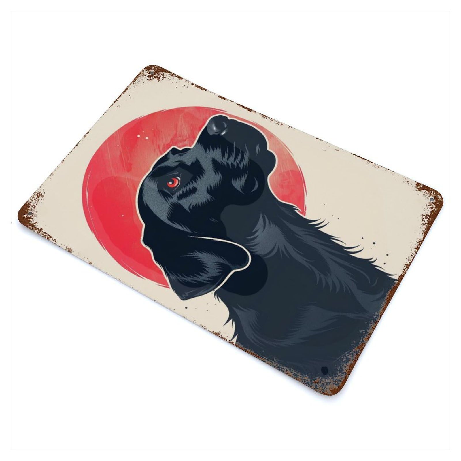Rust Effect Loyal Black Dog Vector Portrait with Bold Red Sun Backdrop Rusty Metal Tin Sign 11.8"x7.9", Rustic Home Decor for Bistro, Counter And Cafe Decor