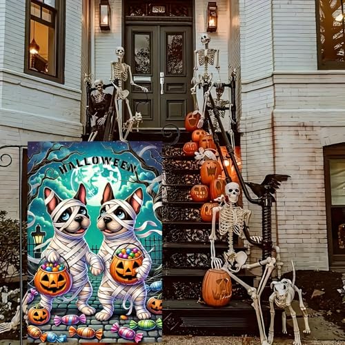 Image of Blissyard Halloween Mummy Dog Garden Flag 12x18 Inch Double Sided Cute French Bulldog Trick-or-Treat Garden Flag Pumpkin Candy Ghost Dog Flag Banner Holiday Small Halloween Yard Flags
