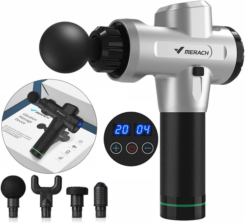 Massage Gun Muscle Massager Deep Tissue Percussion Portable Handheld Electric Body Massager Portable Cordless Rechargeable 20 Speeds 4 Massage Heads 4 Hours for Muscle Body Pain Relief