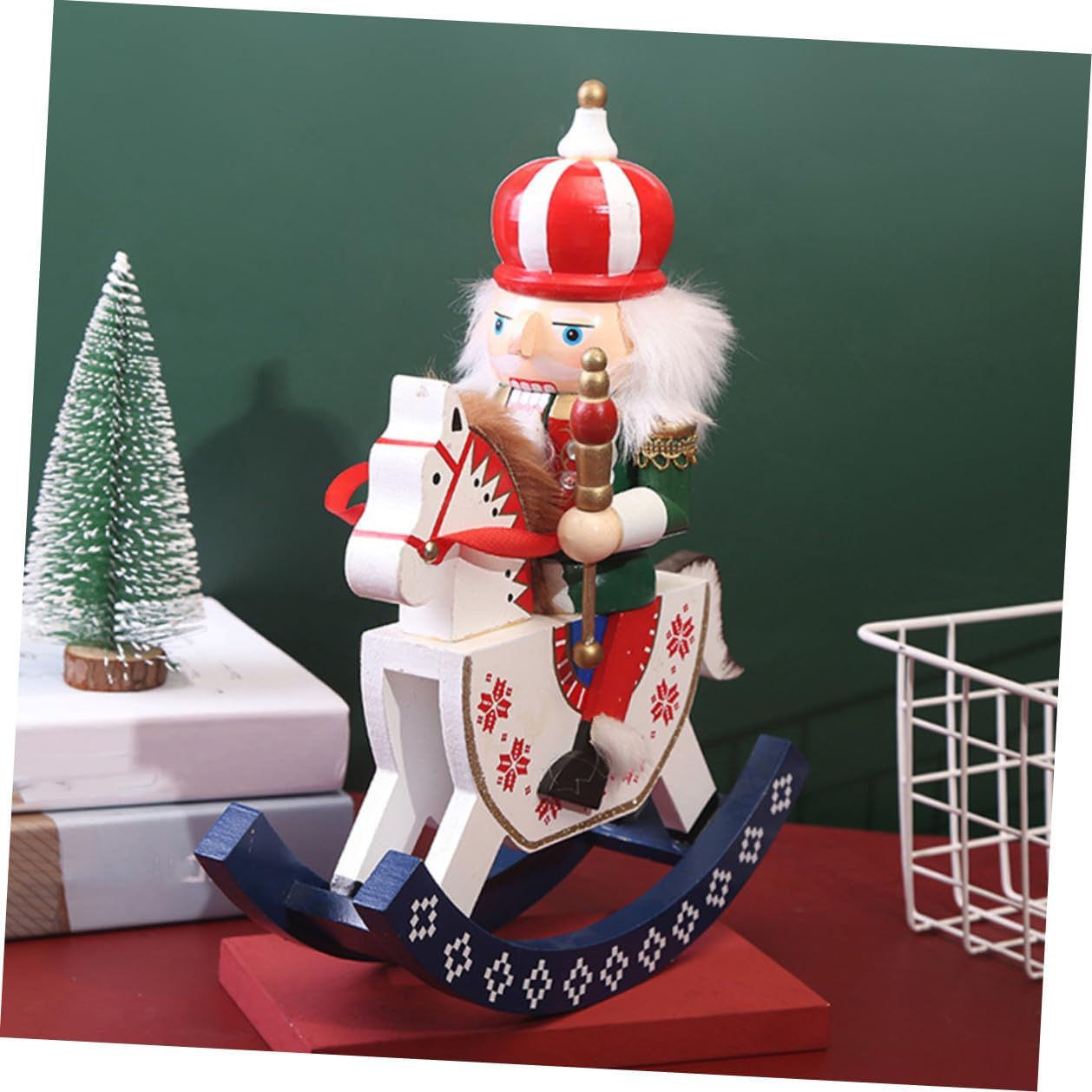 Christmas Nutcracker Ornament 30cm Wooden Nutcracker Soldier Figurine Red Rocking Horse Decoration Traditional Holiday Tabletop Décor for Home and Christmas Tree