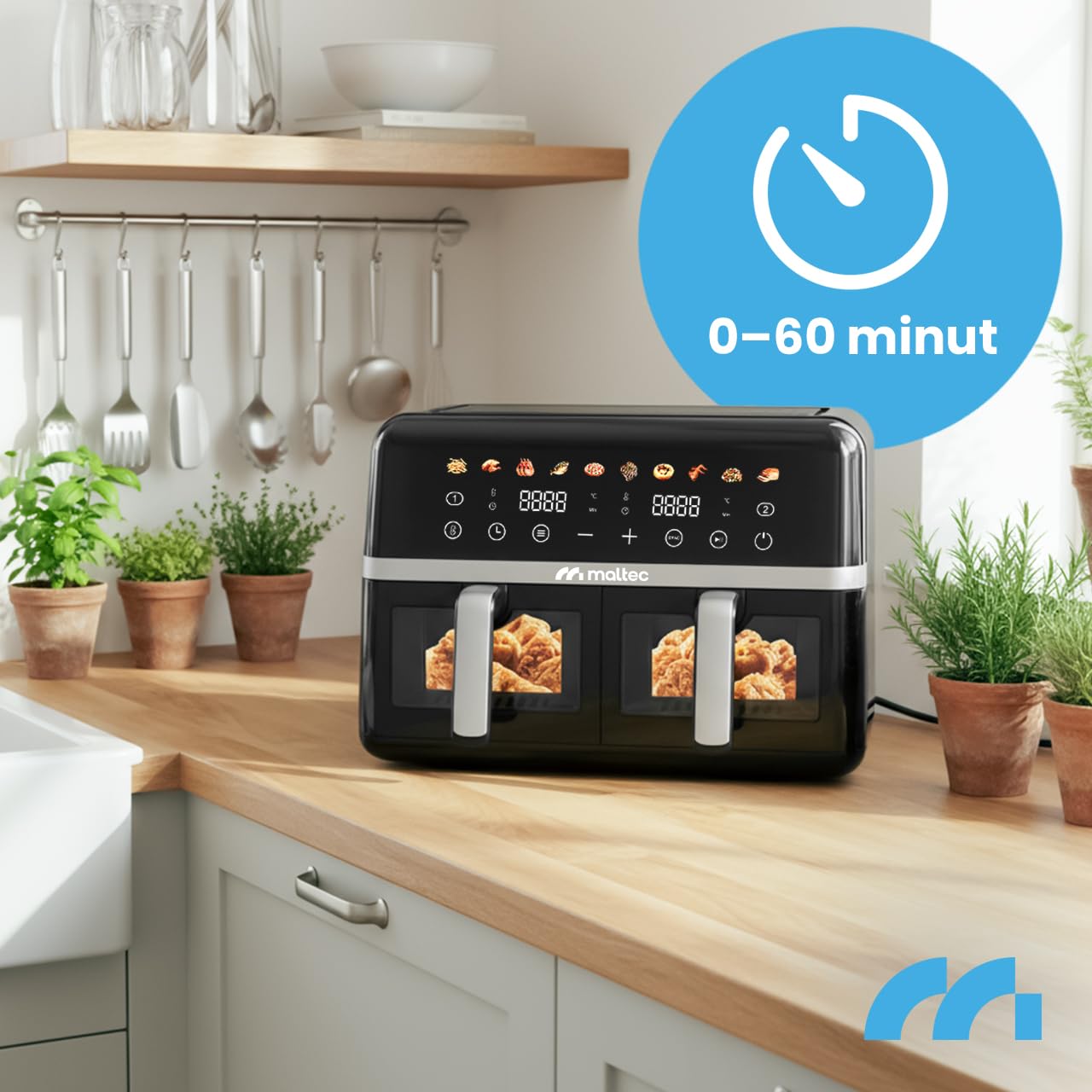 MalTec Frytkownica na gorące powietrze XL, 2 komory z okienkiem, 10 l Airfryer, ekran dotykowy, 2800 W, 10 programów, frytkownica bez oleju i gotowanie niskotłuszczowe