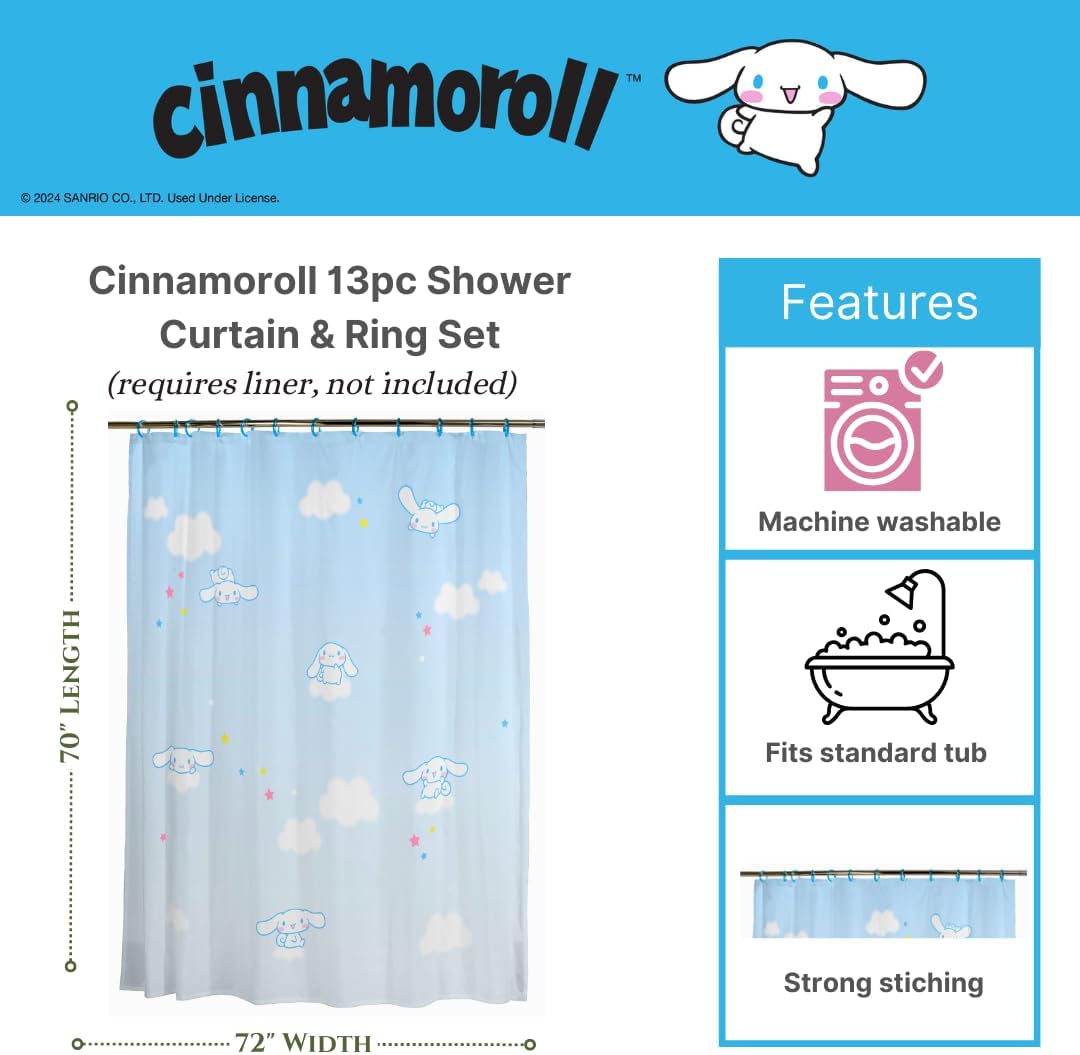 Cinnamoroll 13-Piece Shower Curtain Set, 72 x 72 Inch Fabric Curtain with Hooks, Bathroom Decor, Machine Washable, (100% Officially Licensed Product) by Franco Collectibles