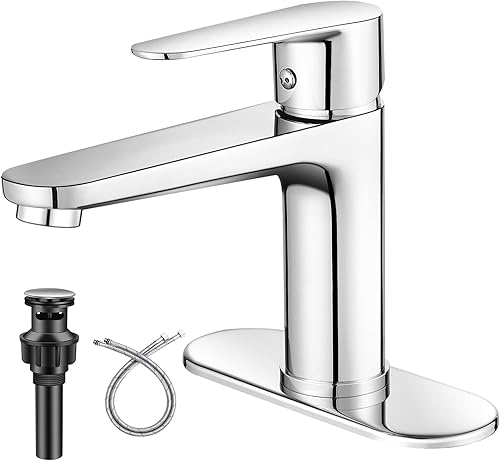 Chrome Bathroom Faucet Single Hole Single Handle 304 Stainless Steel Modern Sink Commercial RV Faucet with Pop-Up Waste for 1 or 3 Hole 4 Inch Vanity Bathroom Sinks