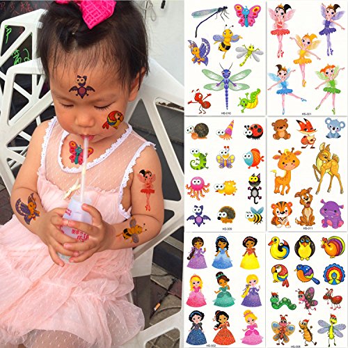 DaLin 6 Sheets Glitter Temporary Tattoos for Kids, Elves, Honeybee, Butterfly, Dragonfly, Little Fawn, Tiger and more, Perfect for Halloween