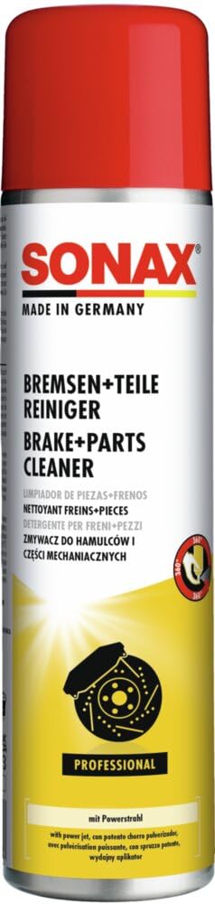 SONAX Bremsen+TeileReiniger (400 ml) entfernt schnell und vollkommen rückstandsfrei Bremsstaub sowie alle öl-, fett- und silikonhaltigen Verschmutzungen und Verkrustungen | Art-Nr. 04834000