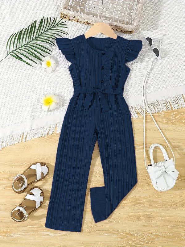 Image of Niren Enterprise Stylish Girls' Pleated Jumpsuit with Ruffle Sleeves, Button-Down Front, and Waist Belt - Comfortable Casual Outfit for Kids