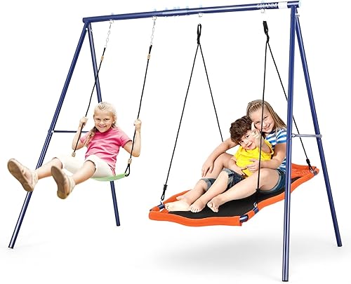 Juegos de columpios para patio trasero  Soporte de columpio de metal resistente al agua de 2 asientos para niños con plataforma ajustable cinturón