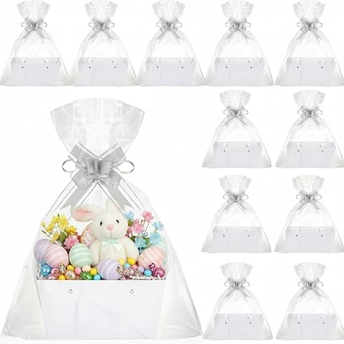 Miniatura 10 de Colarr Paquete de 12 cestas vacías de papel kraft para regalos, kit de cesta de regalo vacía con asa, bolsa de envoltura, lazo, bandeja de mercado
