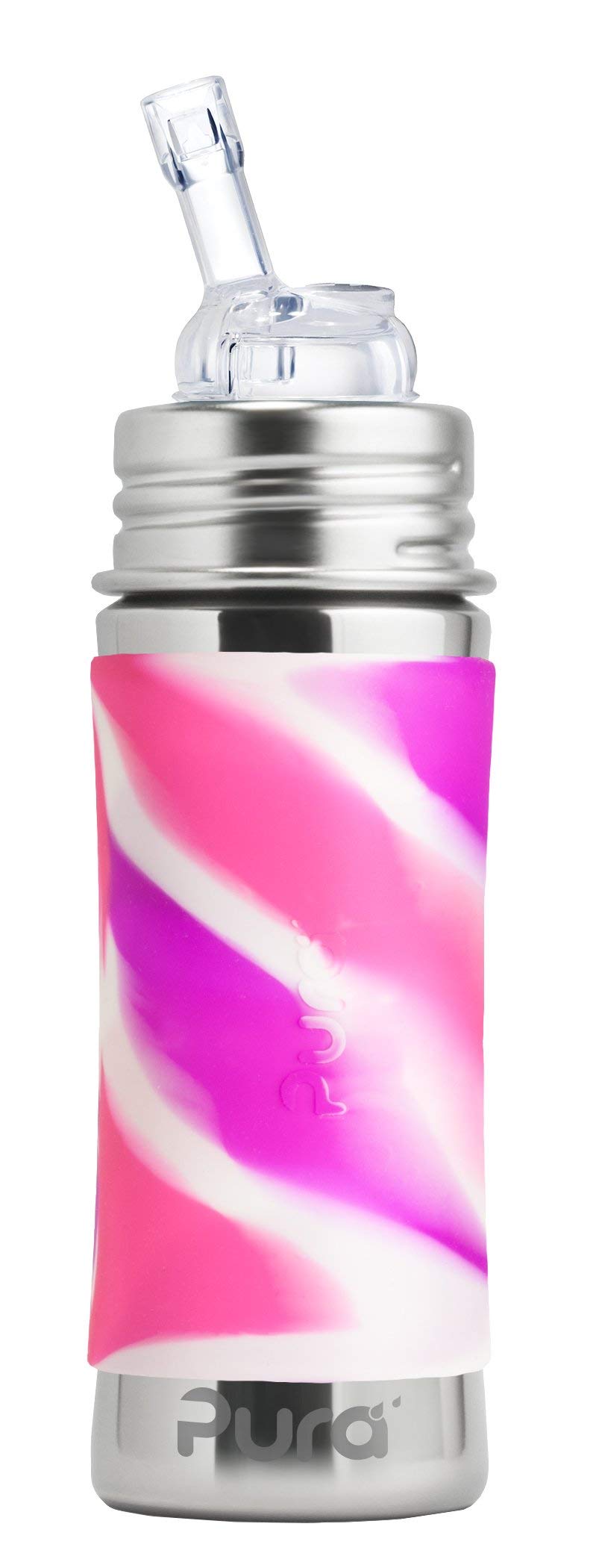 Pura Kiki 11 Oz / 325 Ml Stainless Steel Bottle With Silicone Straw & Sleeve, Pink Swirl (plastic Free, Nontoxic Certified, Bpa Free)