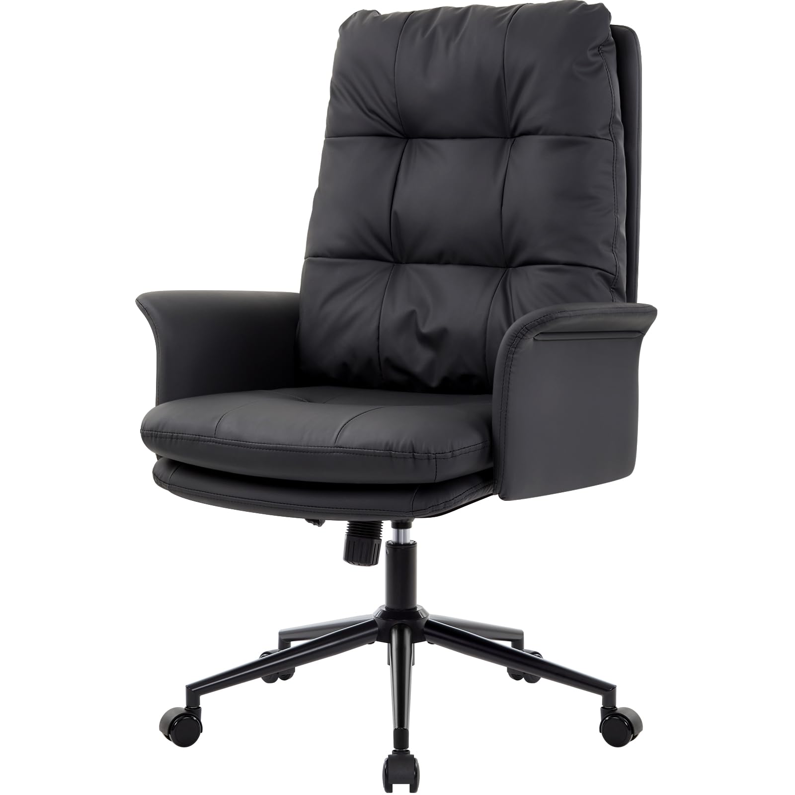 IWMH Schreibtischstuhl Ergonomisch,PU Leder Bürostuhl mit Hoher Rückenlehne | Chefsessel Bequem mit Armlehnen,Doppelt Gepolsterter Drehstuhl für Büro,Homeoffice,Wohnzimme(Schwarz)