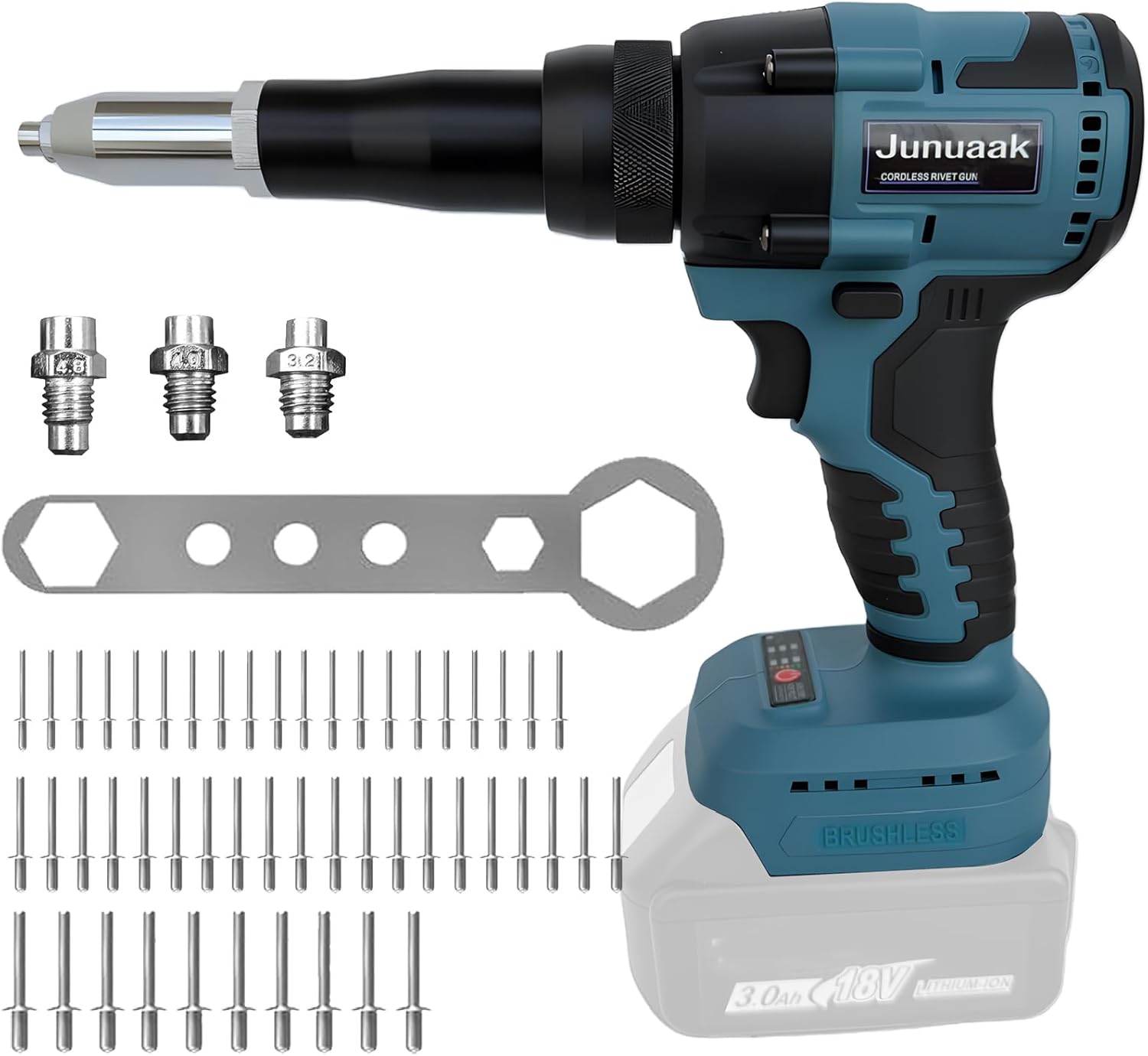 Rivet Gun Compatible with Milwaukee 18V Max Battery, Cordless Rivet Tool with 3 Size (1/8", 5/32", 3/16") Aluminum Rivets, Brushless Motor Rivet Gun Kit Nose Piece, Led Light, (Tool Only, No Battery)
