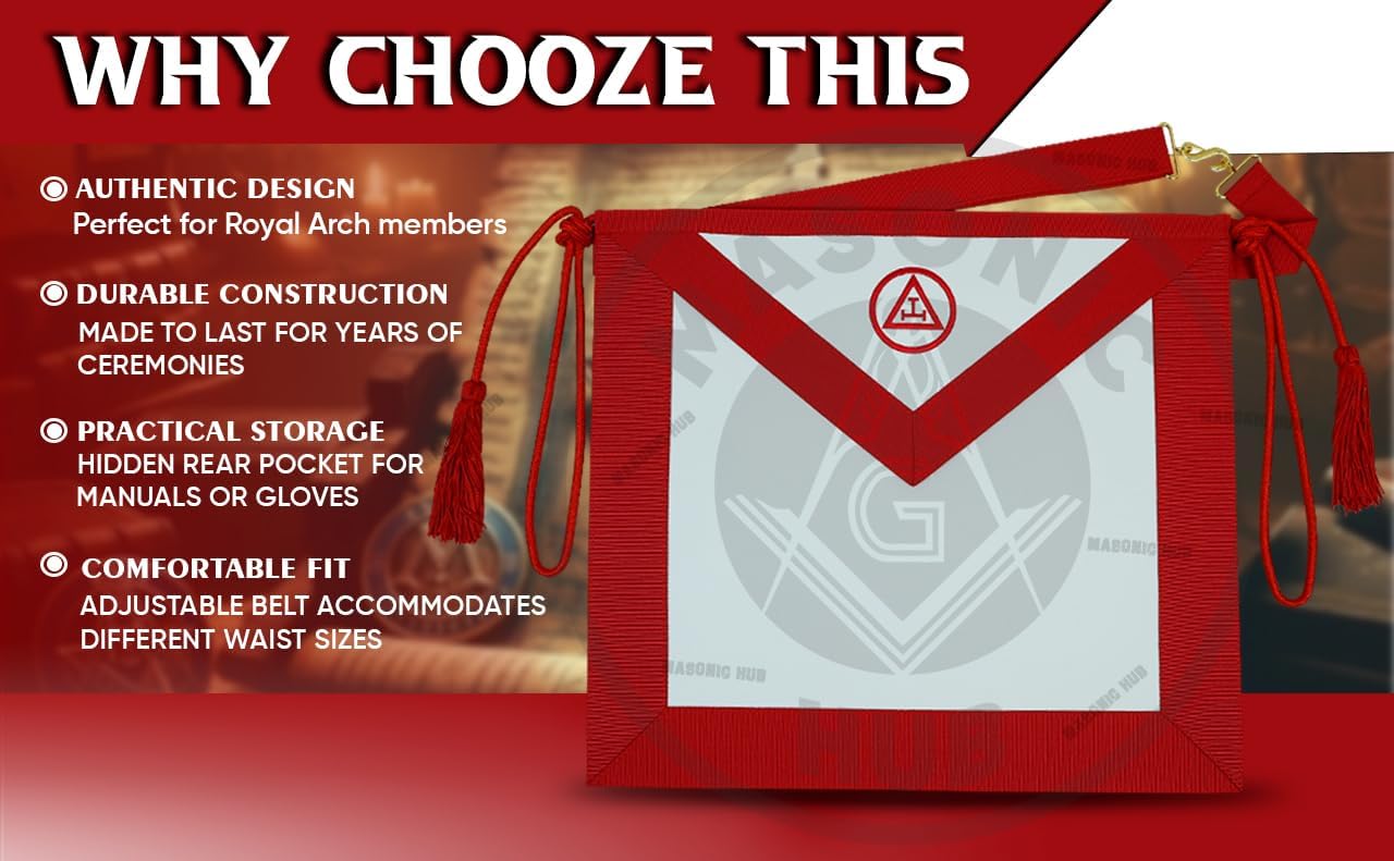 Masonic Royal Arch Red Embroidered Apron with Tassels, Faux Leather, Grosgrain Ribbon Border, Red Decorative Cord – Freemason Regalia