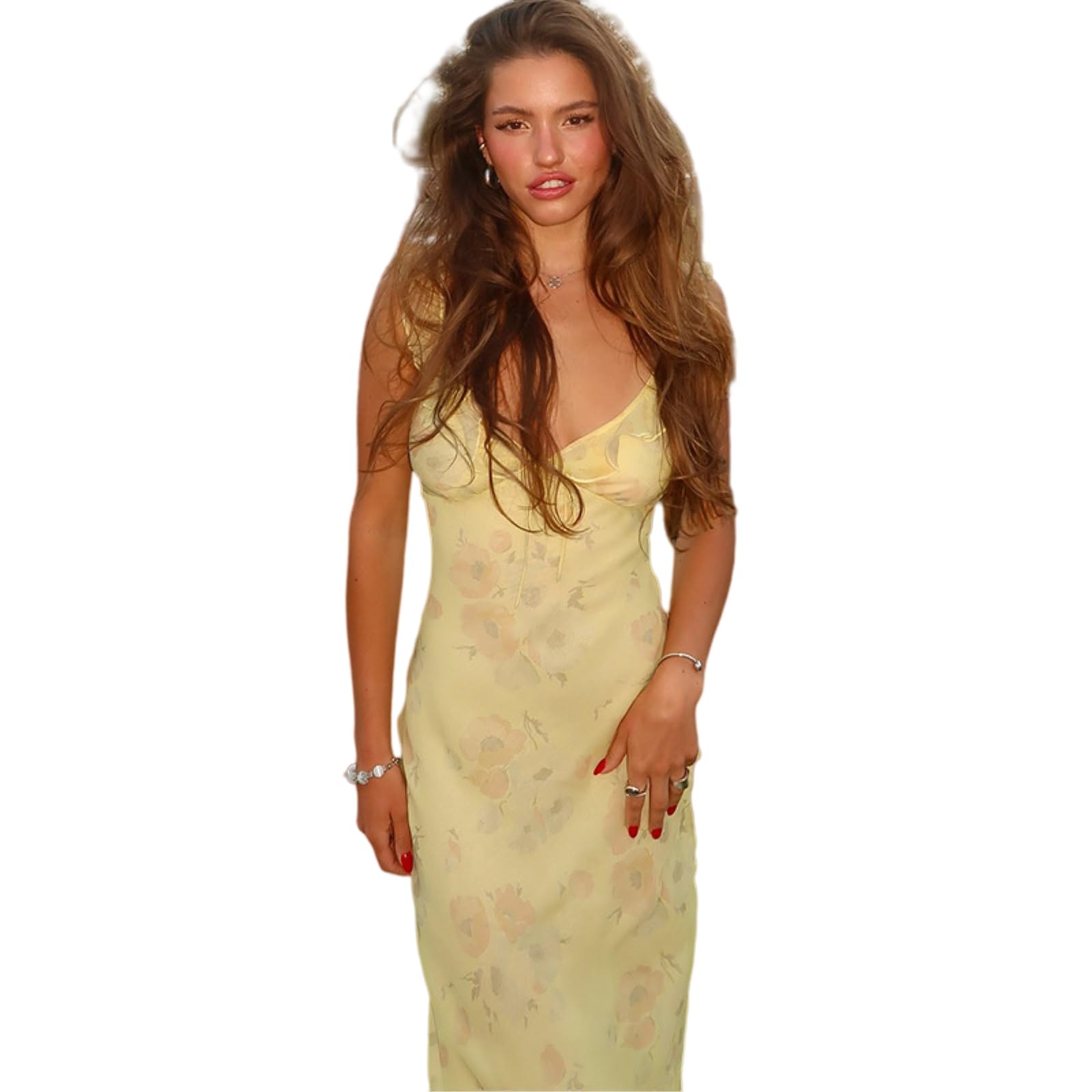 Abito Donna Floral Plunge V Collo Senza Schienale Slip Maxi Coquette Vacanza Sundress, Completamente Foderato Non Sheer Tessuto per Le Vacanze