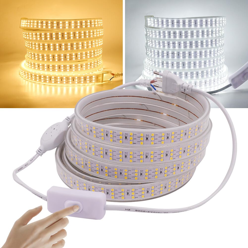 Tira LED 220V con Encendido/Apagado [15M, Blanco cálido 3000-3500K], IP65 Impermeable Flexible, 276 LEDs/m Tira LED Cortable CRI85+, Decoración para Hogar/Tienda