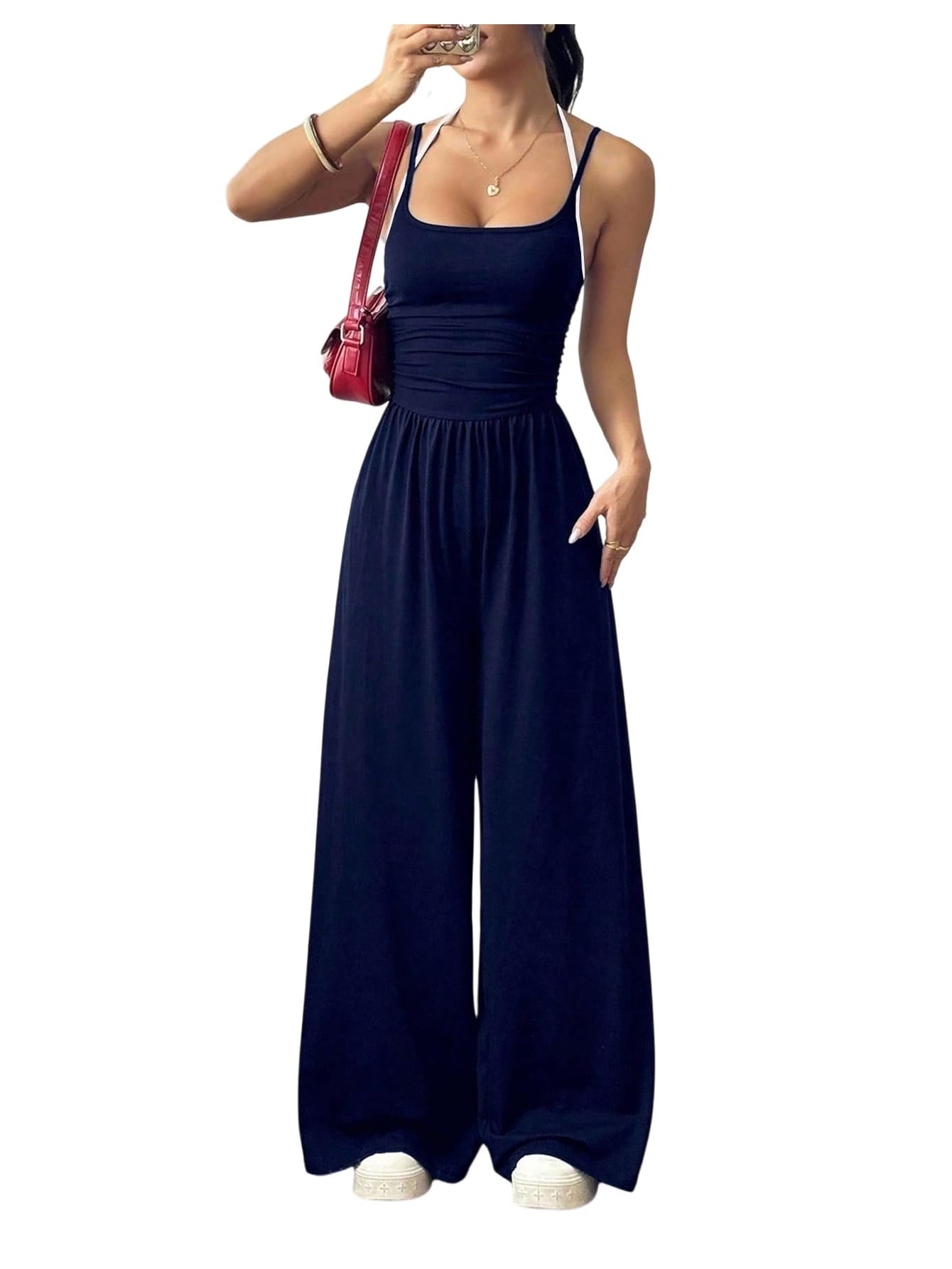 Women's Summer Jumpsuit Spaghetti Strap One Piece Outfit Wide Leg Baggy Pants Romper-image-44