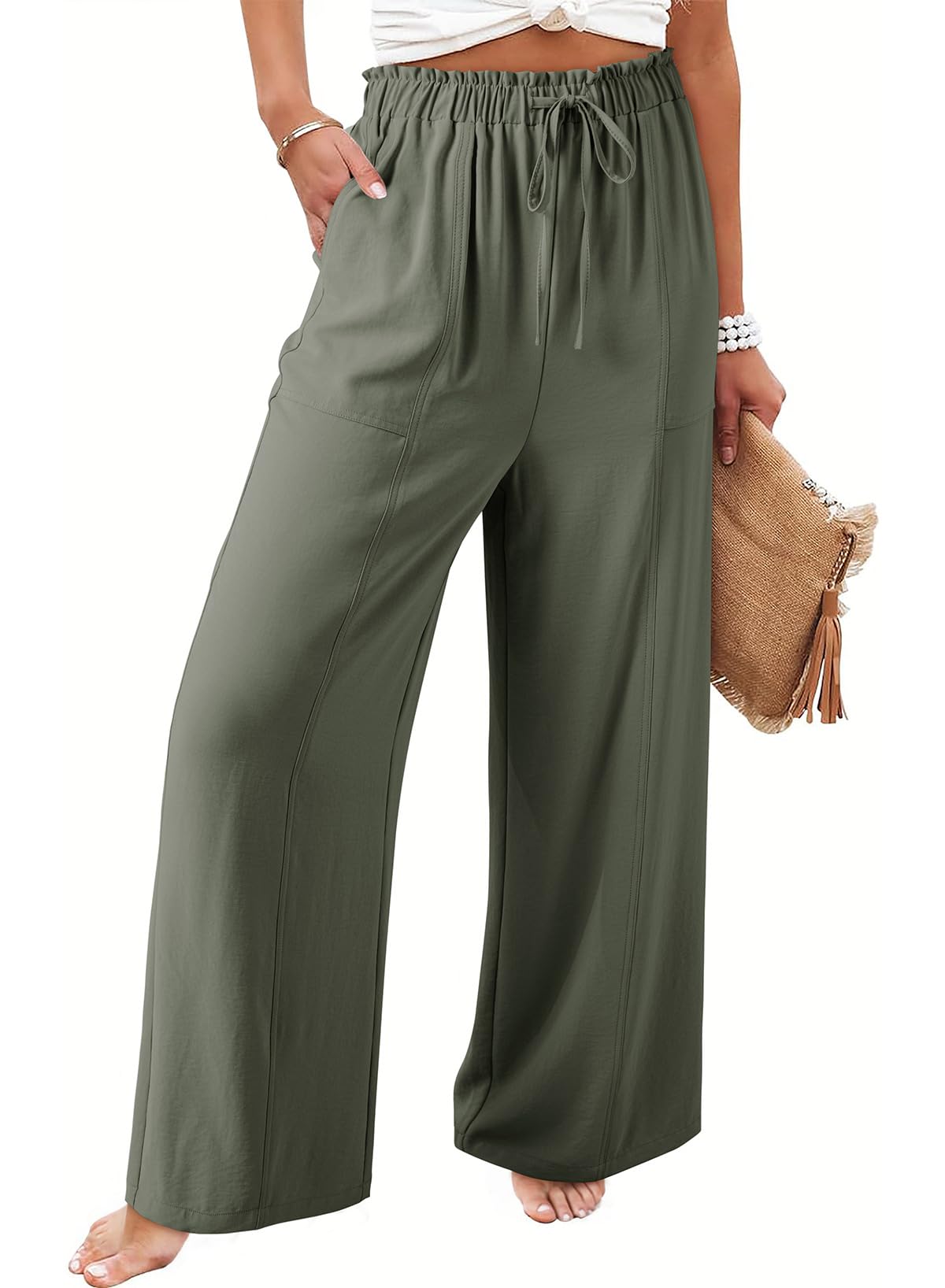 Dokotoo Womens Flowy Wide Leg Summer Pants 2025 Casual Beach Pants High Waisted Drawstring Palazzo Trousers with Pockets
