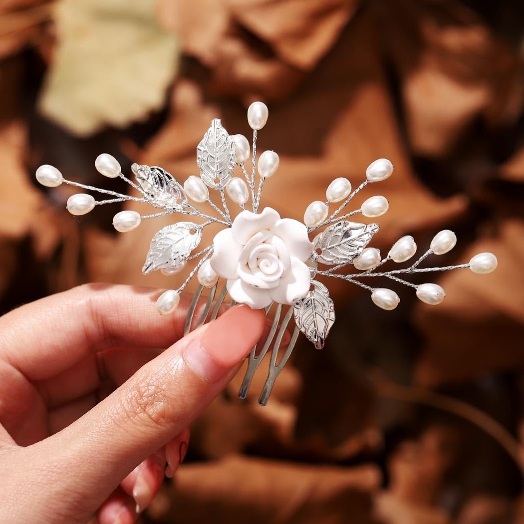 Gorais Flower Bride Wedding Hair Comb Pearl Bridal Hair Pieces Leaf Hair Accessories for Women and Girls (a-silver)