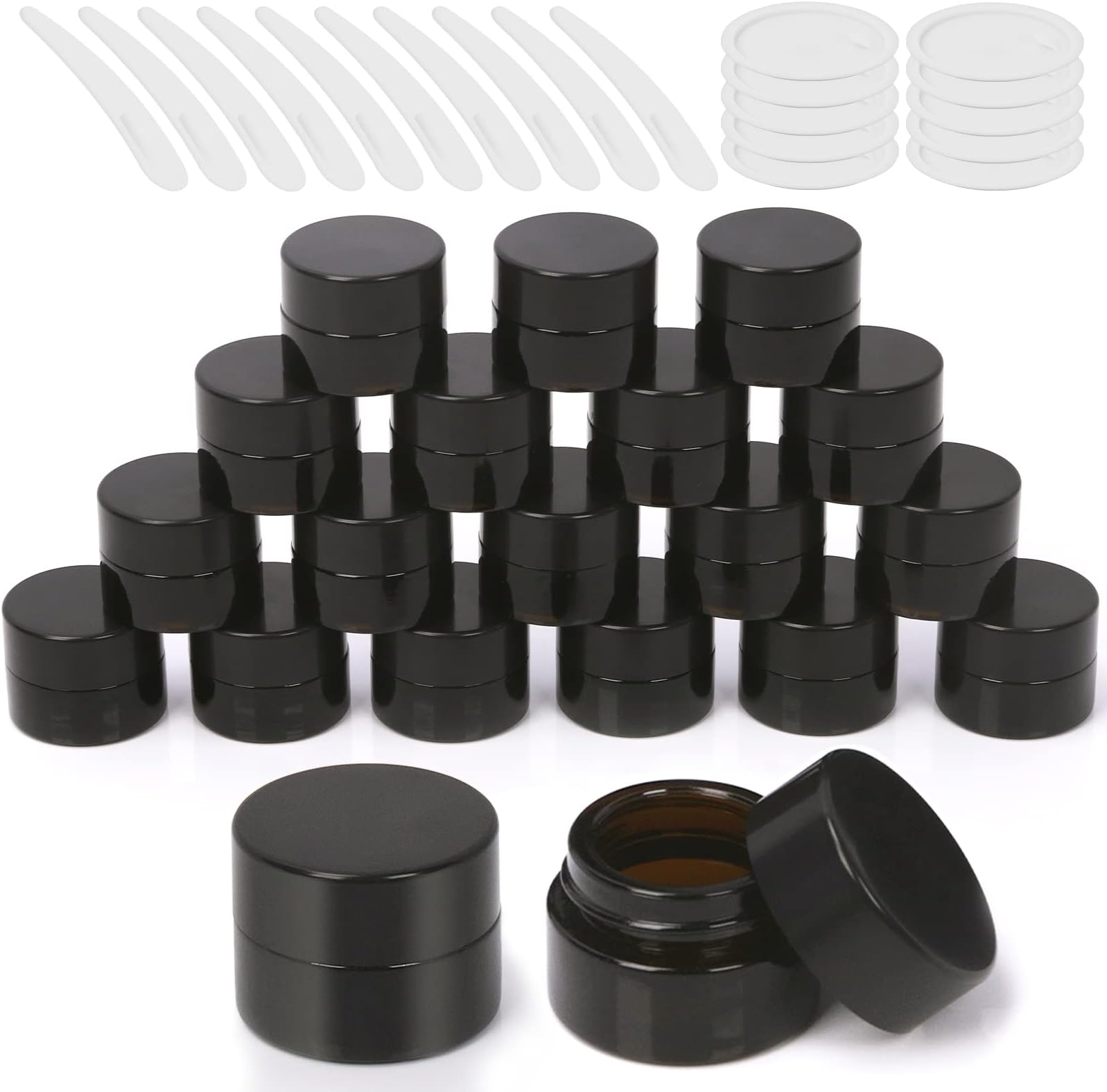 20Pcs 5ml Round Glass Jars with Liner Lids Spoons, 0.17oz Amber Refillable Cosmetic Storage Jars for Cream Lotion Liquid Powder
