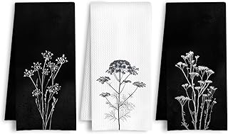 Black and white vintage botanical waffle kitchen towels