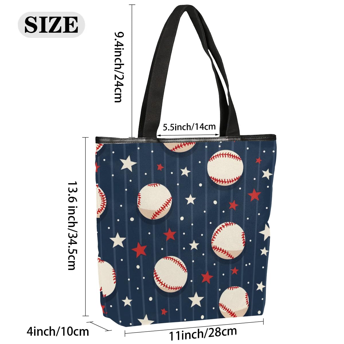 Mularoka Baseball Striped Canvas Tote Bag with Zipper and Pockets Canvas Tote Shopping Bag Women Reusable Grocery Bag for Beach Travel Gym Shopping