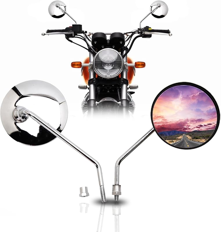 10mm Motorcycle Scooter Mirror, Chrome Motorcycle Mirror for Cafe Racer Shadow Rebel 250 Nighthawk VTX1300 1800 CB500 550 600 650 750 900 1000 Cruiser