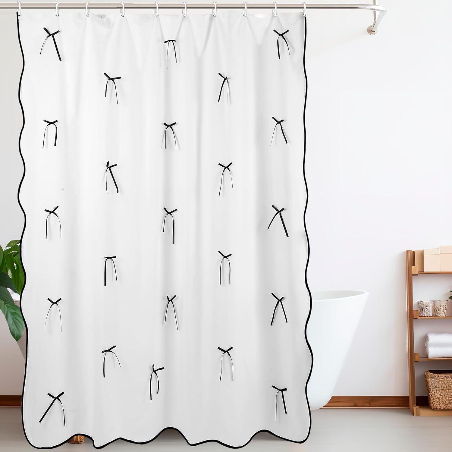 SmoothNovelty Pink Shower Curtain with Bow Bathroom Decor Cute Scalloped Bath Curtain Bowknot Waterproof Aesthetic Bathroom Decor for Valentine's Day Women Girls