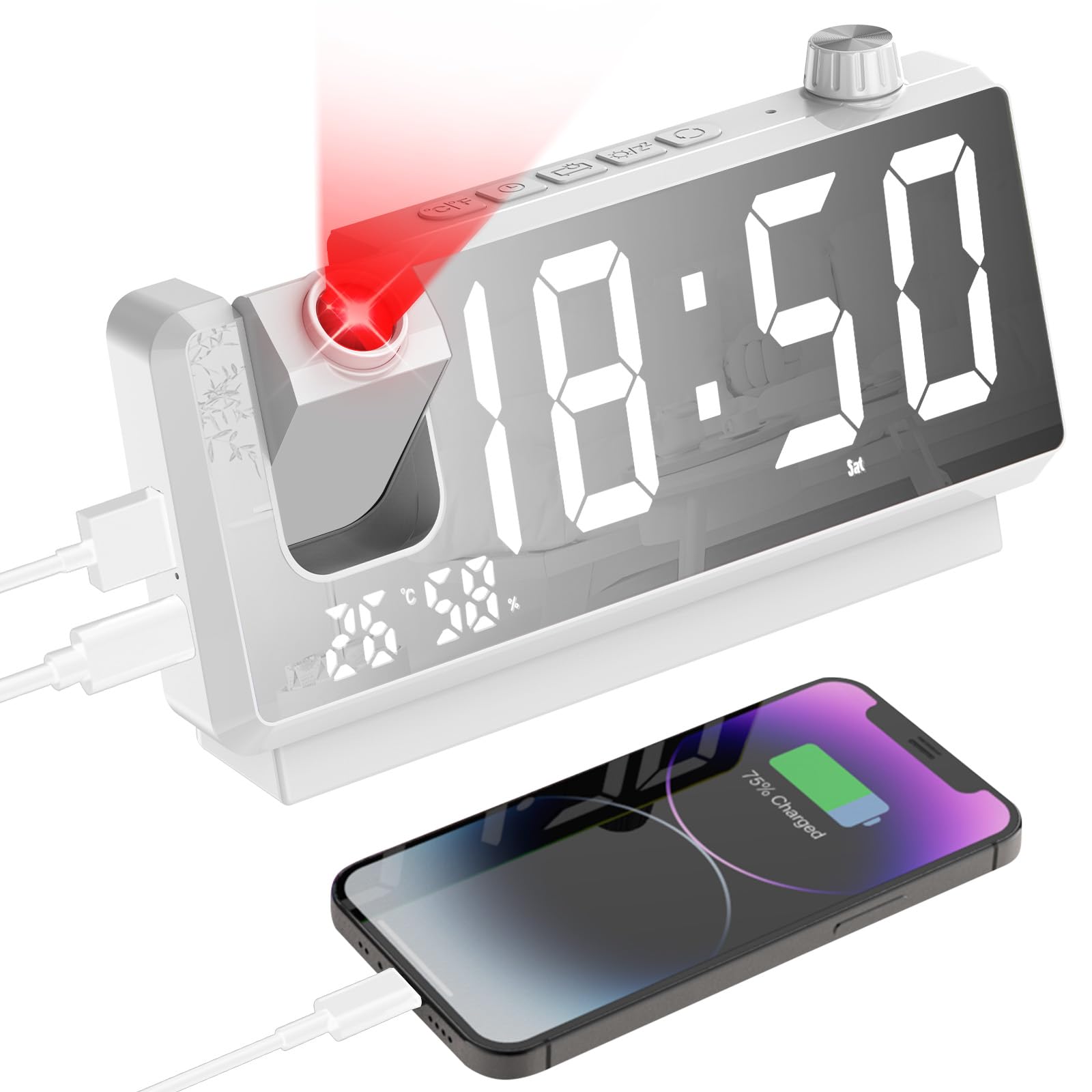 Cuteefun Réveil à Projection, Réveil Avec Grand Écran LED De 7 Pouces, Double Port USB, Fonction Ralenti, Température Et Humidité, 3 Niveaux De Luminosité, 12/24H, Double Alarme, Snooze, Blanc