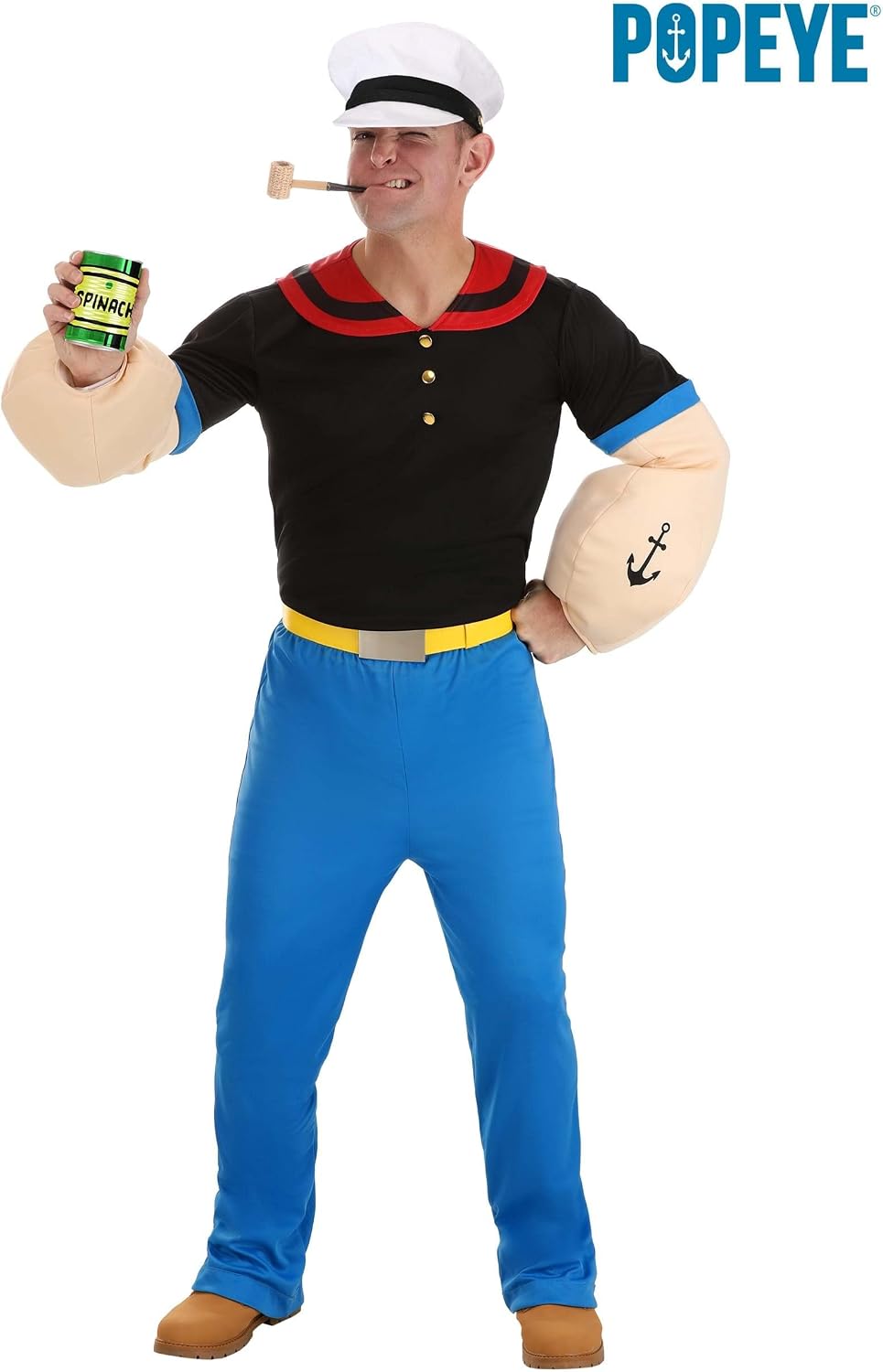 Mens Deluxe Popeye the Sailor Halloween Costume with Hat and Pipe| Authentic Adult Cartoon Character Outfit