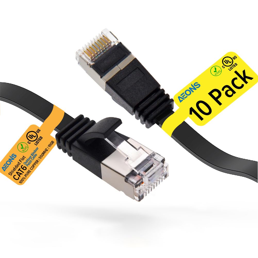 AEONS Cat 6 Flat Shielded Ethernet Patch Cable 2 ft Outdoor Indoor 10Gbps Support Cat7 Cat8 Network Slim Internet RJ45 LAN Cord Cat6 High Speed Computer Wire Gaming, UL Listed, Black (10-Pack)
