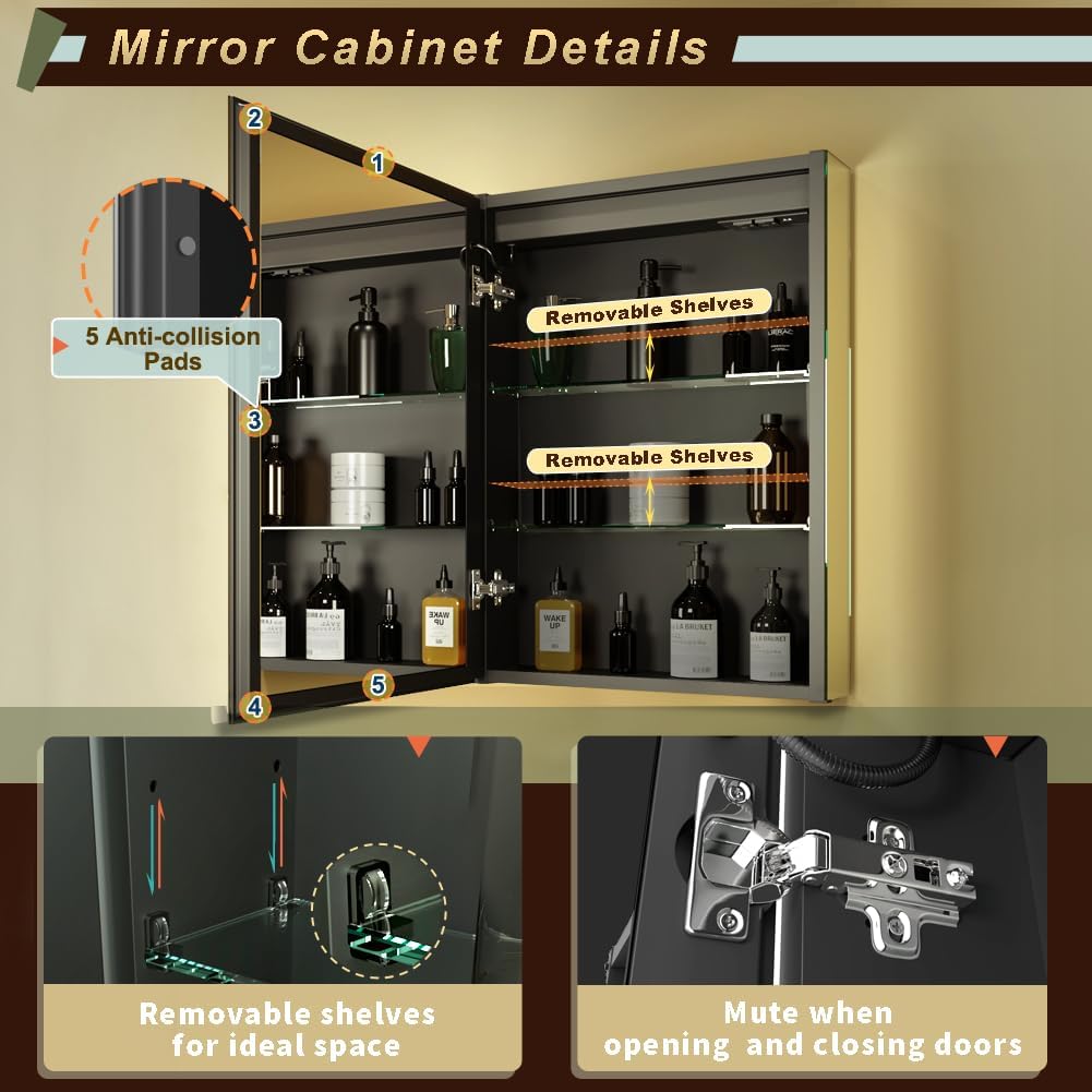 LED Lighted Bathroom Medicine Mirror Cabinet with Sockets & USBs, Anti-Fog Dimmable Light and Color Adjustment, Easy to Install Aluminum Cabinet (20 * 28 Left Hinge)