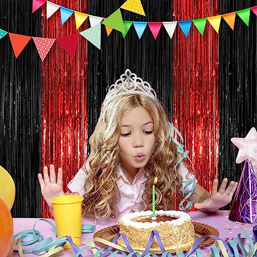 Image of Black Red Fringe Curtain Party Streamers 2Pack 3.3 x 8.3 Ft Foil Fringe Backdrop Curtains for Birthday Wedding Bridal Baby Shower Holiday Tinsel Streamers Black Party Decorations Door Streamers