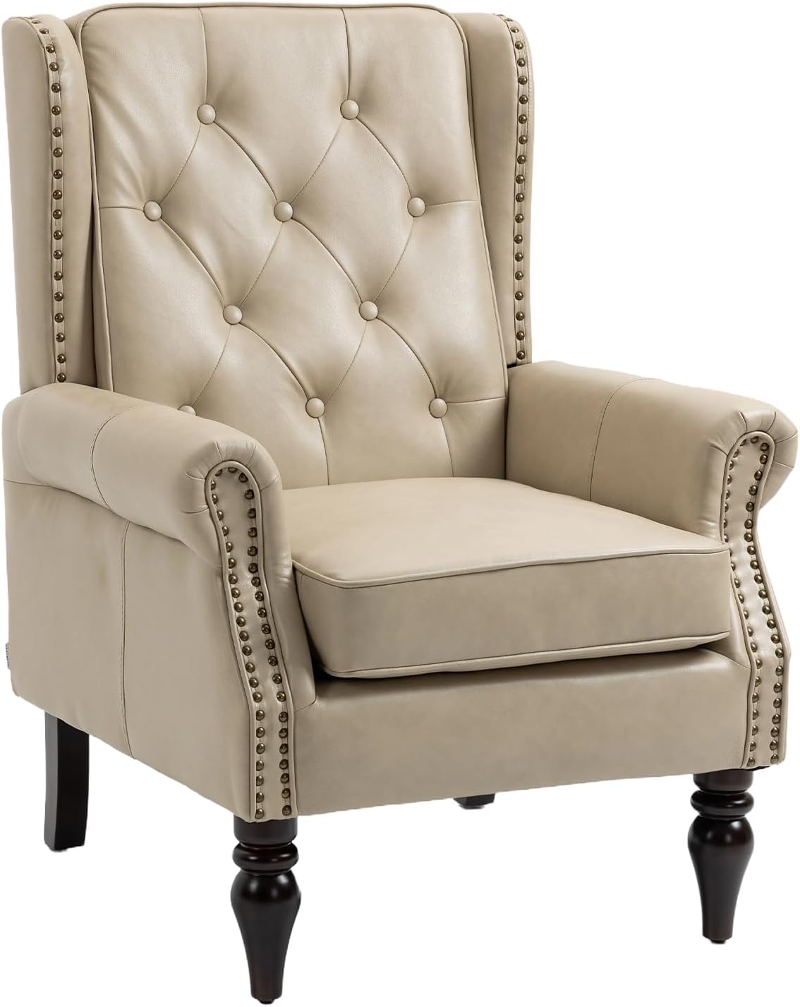 Mid Century PU Leather Accent Chair Modern Button Tufted Armchair Wingback Club Chair Single Sofa Lounge Chair with Tufted Button Back and Rivet Trim for Living Room Bedroom (Camel + PU Leather)