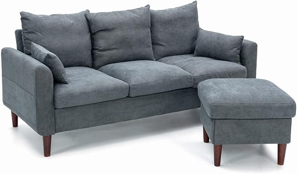 Panana Modern Sofa 3 Seater Sofa with Footstool Couches,Wooden Legs, Side Storage Pockets Gray, 3 Seater with Ottoman