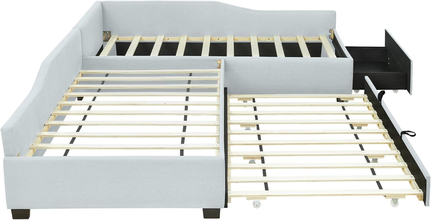 Intern view of the daybed frame with the trundle fully extended, showing its wood slats.