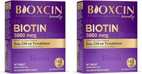 Bioxcin Biotin 5000 mcg | Saç ve Tırnak Sağlığı İçin Biotin | Yorgunluk ve Enerji Metabolizması Desteği | 30 Tablet | Şeker ve Gluten İçermez (2 paketi)