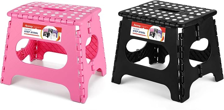 ACSTEP Folding Step Stool 11 Inch Kids Step Stool Holds Up to 300 lb Plastic Foldable Step Stools for Kitchen, Home, Outdoor and IndoorPink&Black