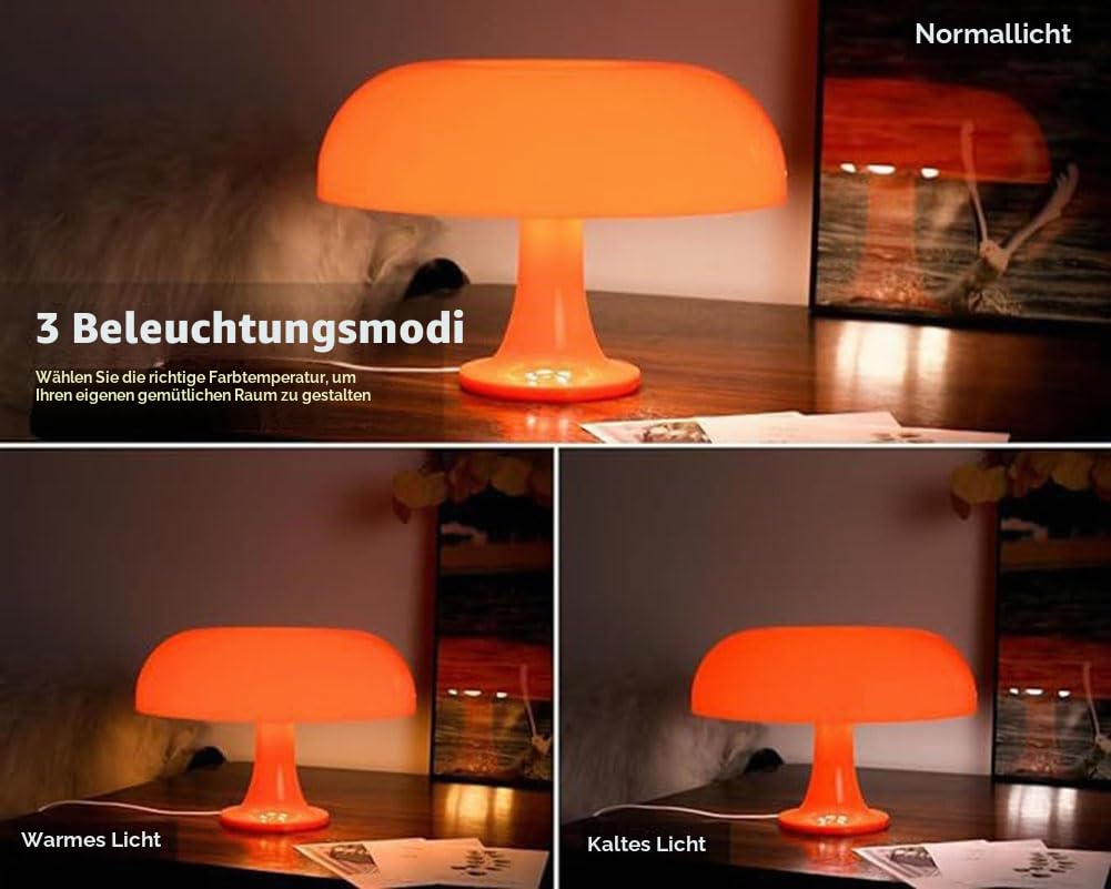 Orange Tischlampe LED Pilz Tischleuchte mit USB Kabel Nachtlicht Innen Dimmbar Nachttischlampe Moderne Beleuchtung Tischlichter Mushroom Dekoration Lampe für Schlafzimmer Wohnzimmer,Orange